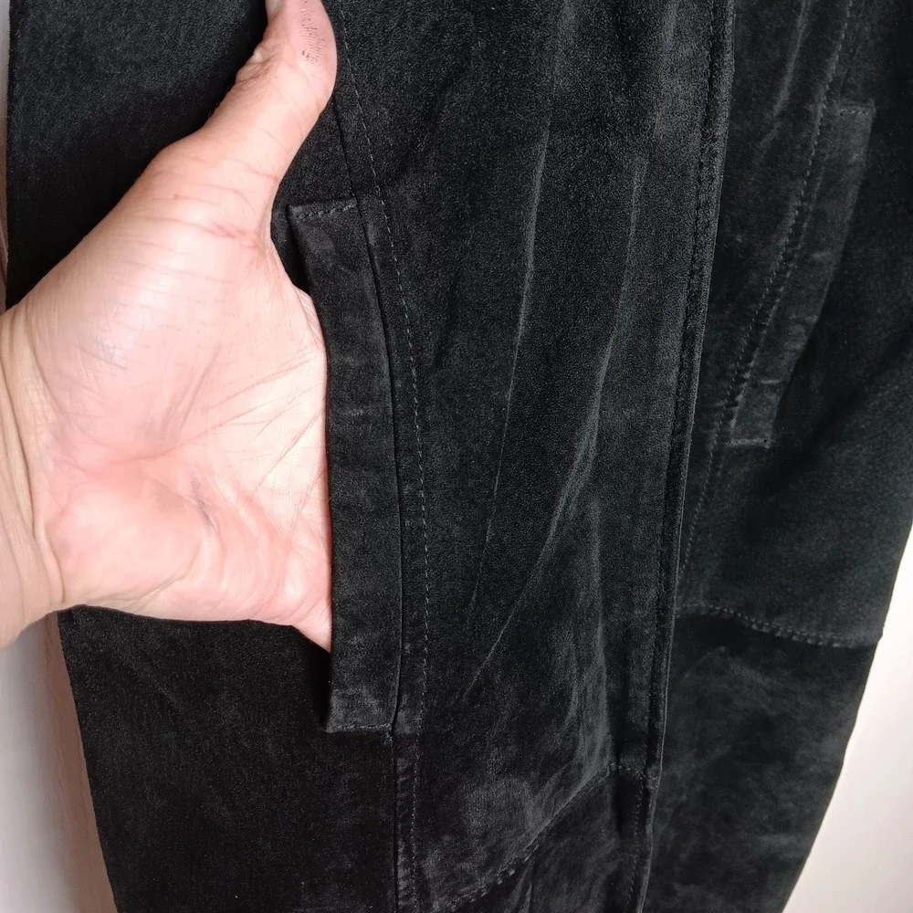 Vtg Y2K Blue Asphalt Trench Coat S Black Suede Whimsigoth Gritty Retro Edge